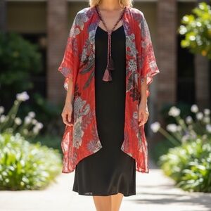 Sea Salt Society Top Red Coverup Kimono Sleeve Floral Sheer Tunic L/XL NWOT